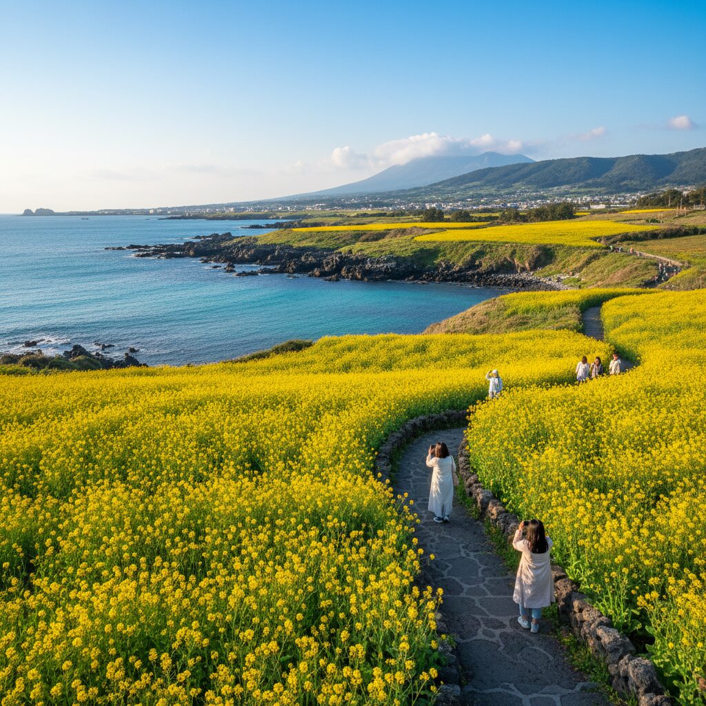 3월 제주도 유채꽃이 만발한 풍경과 에메랄드 빛 바다