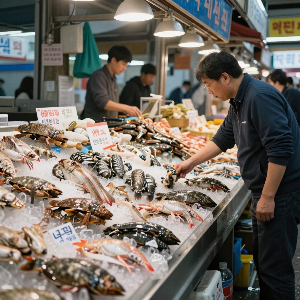 제주 동문시장의 싱싱한 봄 해산물 진열장