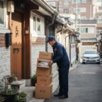 택배 기사가 문 앞에 놓인 박스를 수거하는 모습