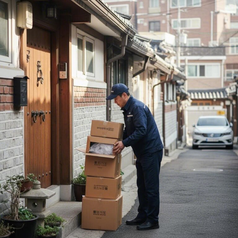 택배 기사가 문 앞에 놓인 박스를 수거하는 모습