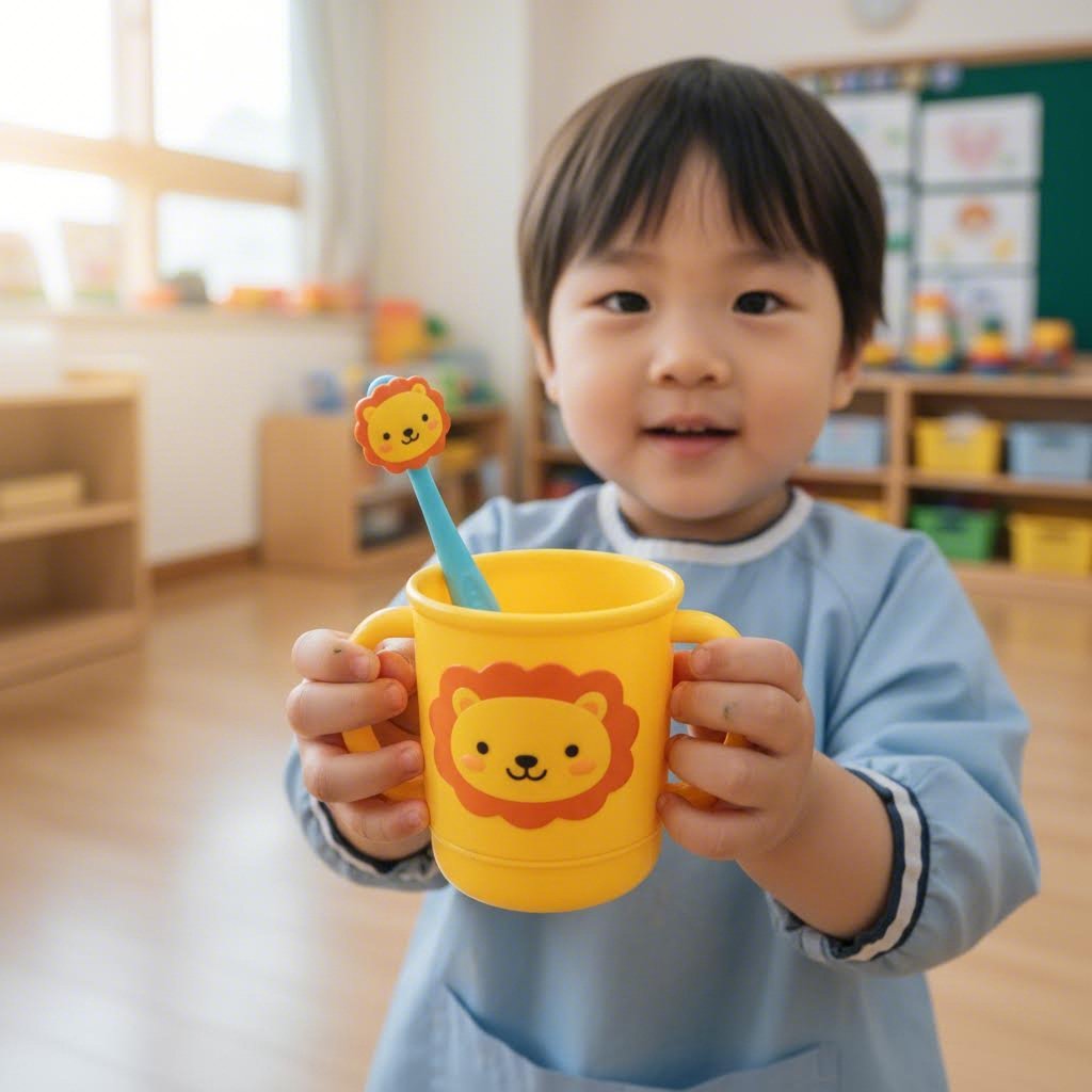 유치원생이 들고 있는 캐릭터 양치컵과 칫솔 세트