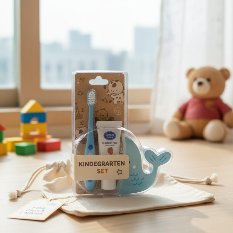 유치원에 보낼 아동용 칫솔과 치약 세트가 포장된 모습