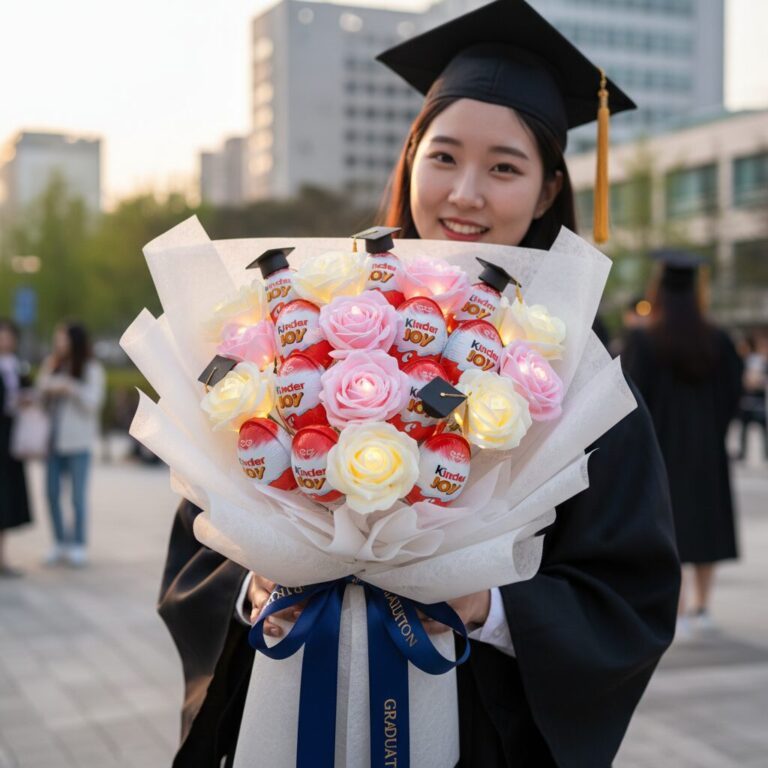 완성된 킨더조이와 LED 장미로 만든 졸업식 꽃다발