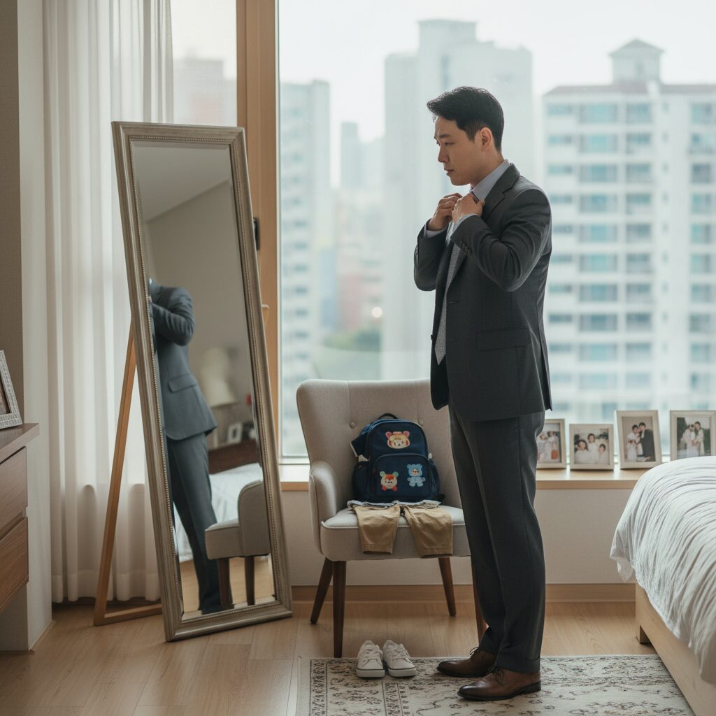 아빠가 정장을 입고 거울을 보며 어린이집 오티 복장을 확인하는 모습