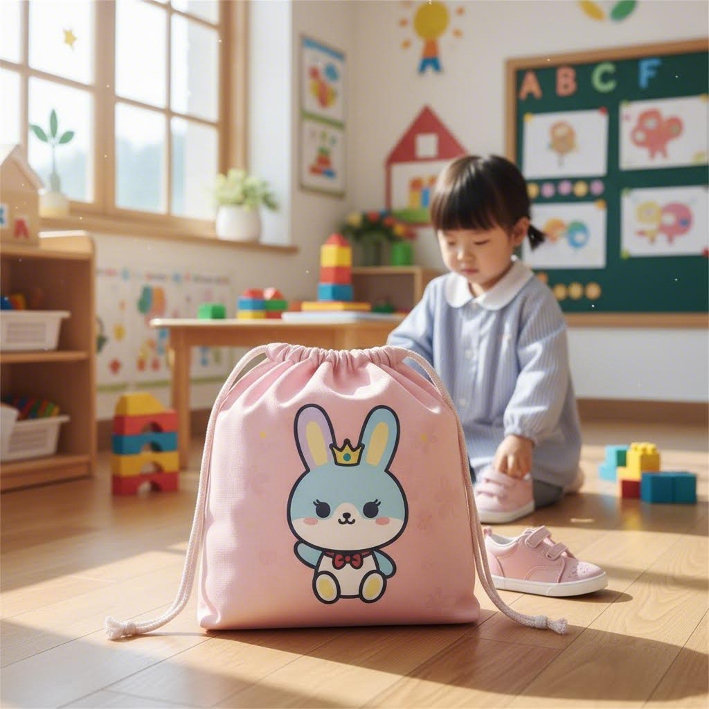 아이가 좋아하는 토끼 캐릭터가 그려진 분홍색 유치원 실내화 주머니 사진