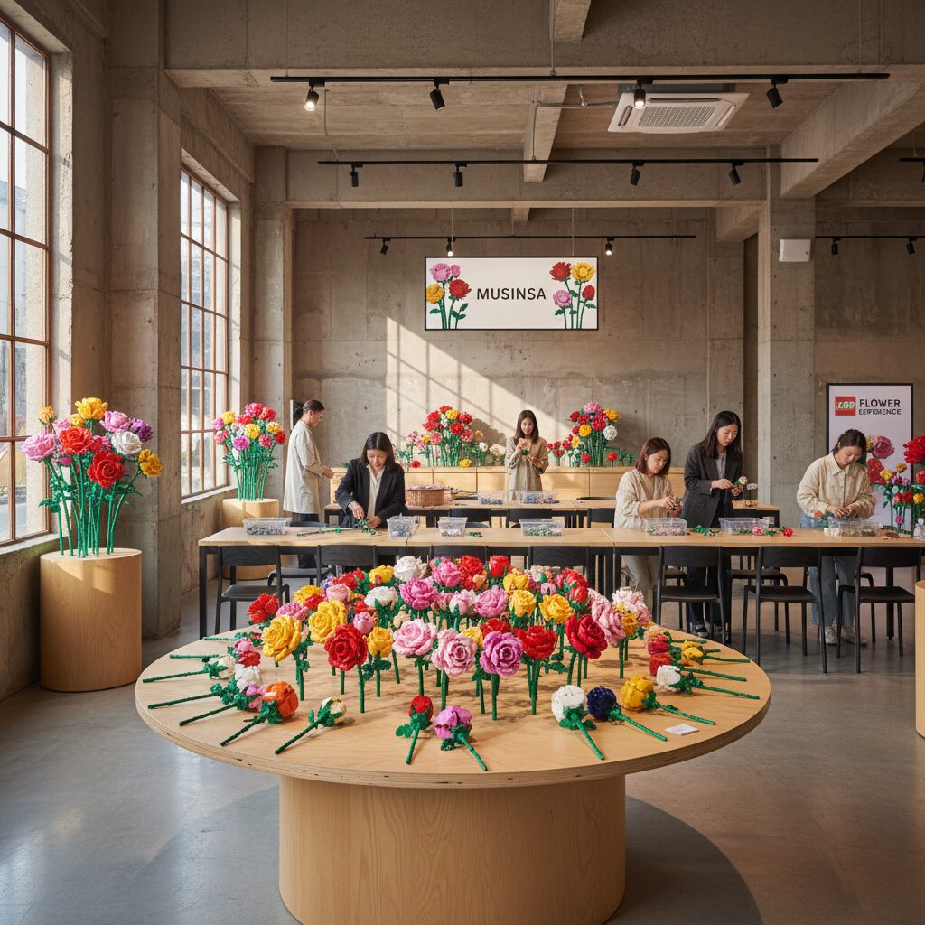 성수동 무신사 팝업스토어 내 레고로 만든 장미꽃 전시와 체험 공간