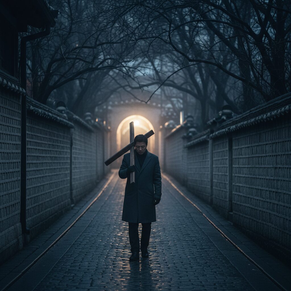 사순절 동안 십자가를 묵상하며 걷는 어두운 길 끝에 희미한 빛이 보이는 풍경