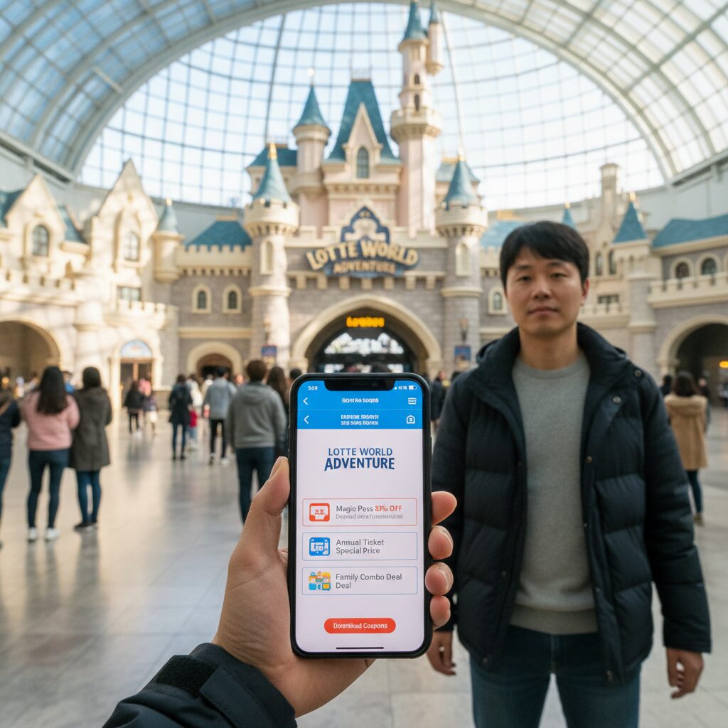 롯데월드 어드벤처 입구와 할인 정보가 표시된 스마트폰 화면