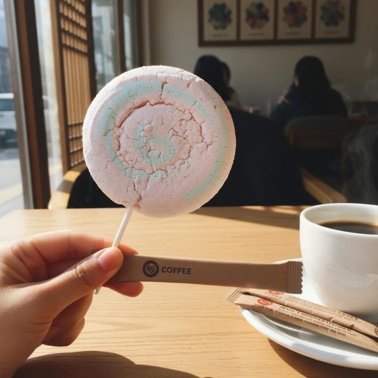 커피 스틱과 비교한 머랭쿠키 롤리팝 크기