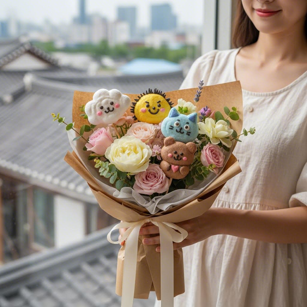 여러 가지 캐릭터 모양 머랭쿠키가 꽂힌 예쁜 꽃다발