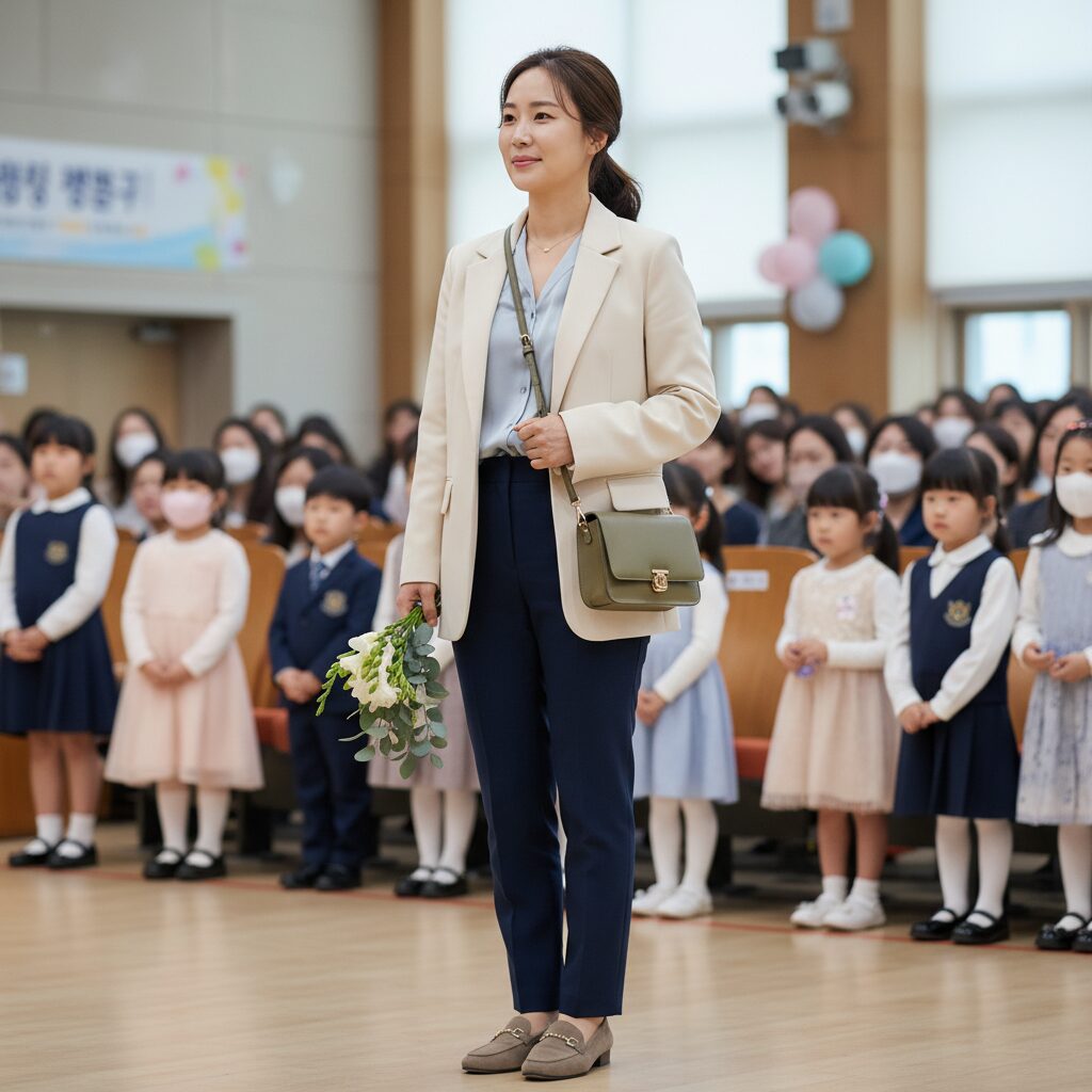 초등학교 입학식에 참석한 엄마의 단정하고 편안한 코디 예시