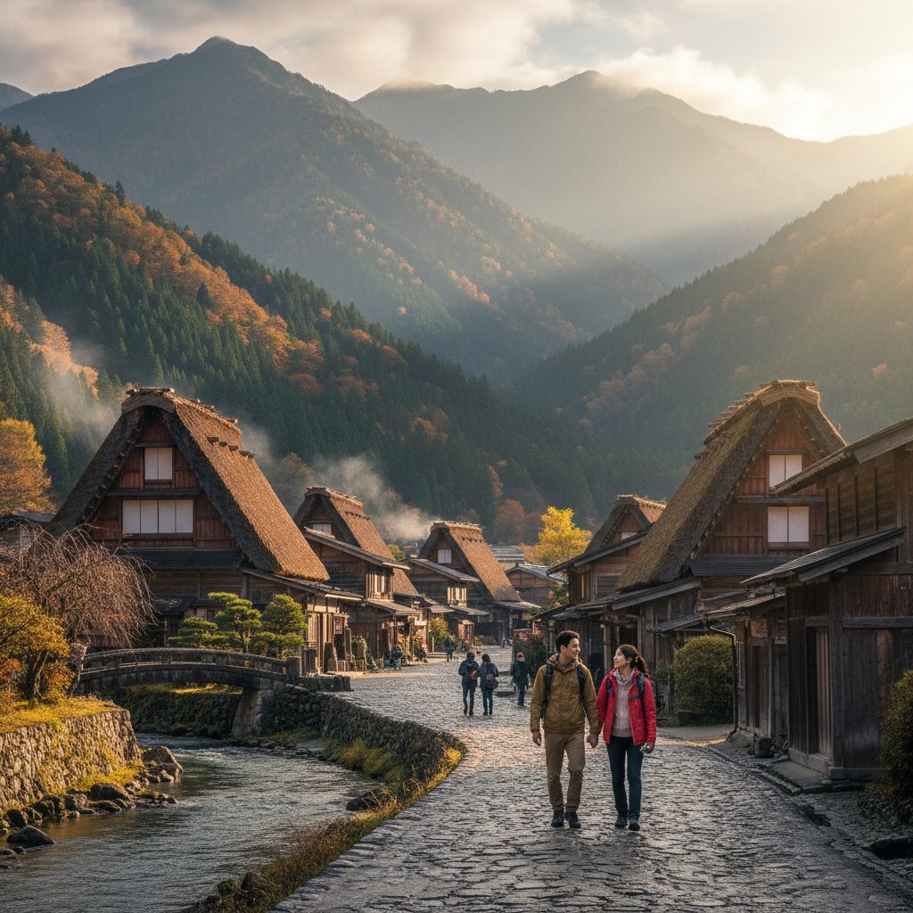 일본 나고야 근교 다카야마 마을의 전통 가옥과 산맥 풍경