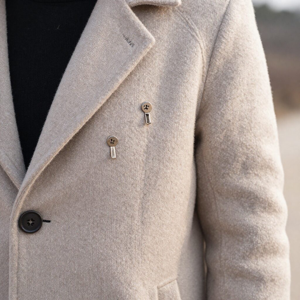 겨울 코트에 자석 옷핀 명찰이 안정적으로 부착된 모습