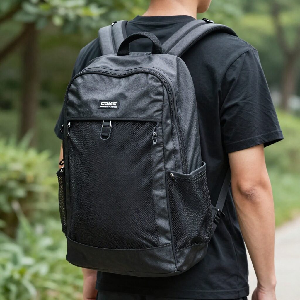 네이키드니스 메쉬 스트링 백팩의 다양한 수납공간과 착용 모습