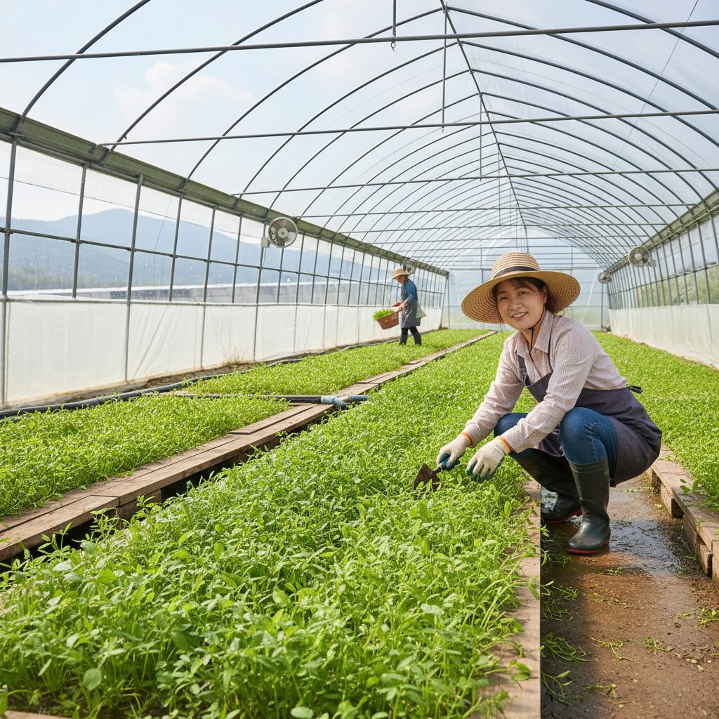 팔공산 미나리 하우스 내부에서 자라는 미나리