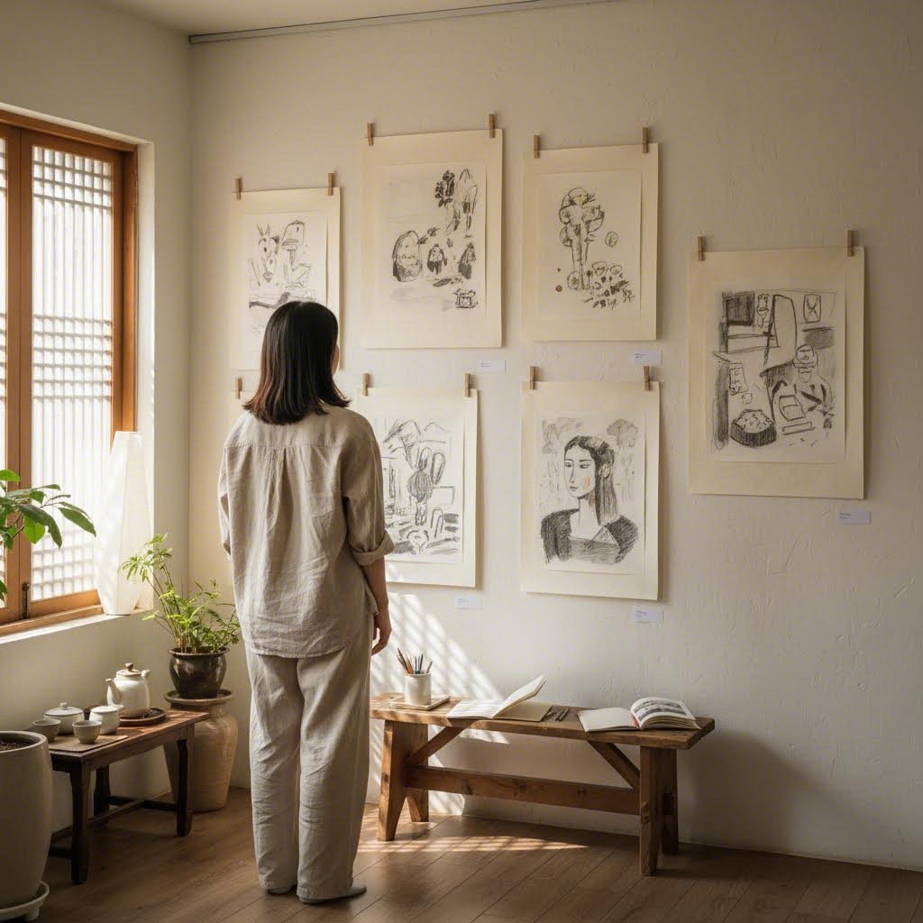 8절 종이액자에 스케치북 그림을 넣어 벽에 걸어놓은 감성적인 전시 공간