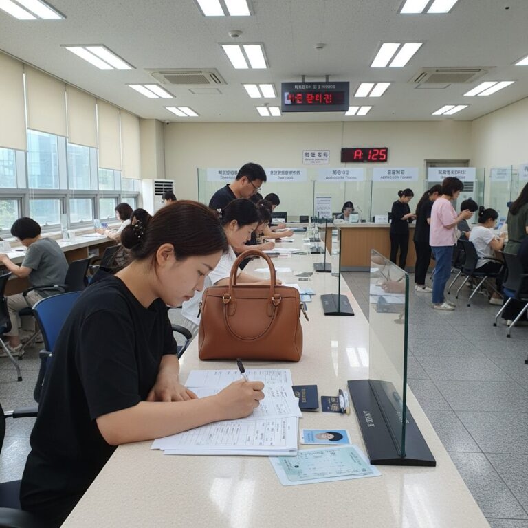 구청 민원실에서 여권 신청 서류를 작성하는 모습