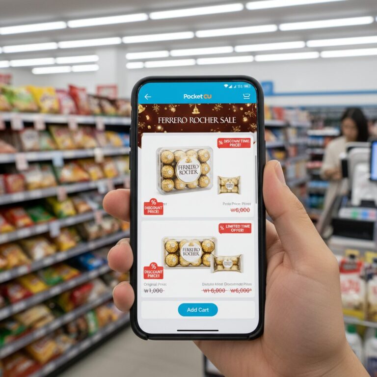 스마트폰에 표시된 포켓CU 앱 화면에서 페레로로쉐 할인 상품 정보