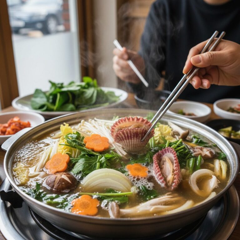 끓는 샤브샤브 국물에 담가진 새조개와 다양한 야채