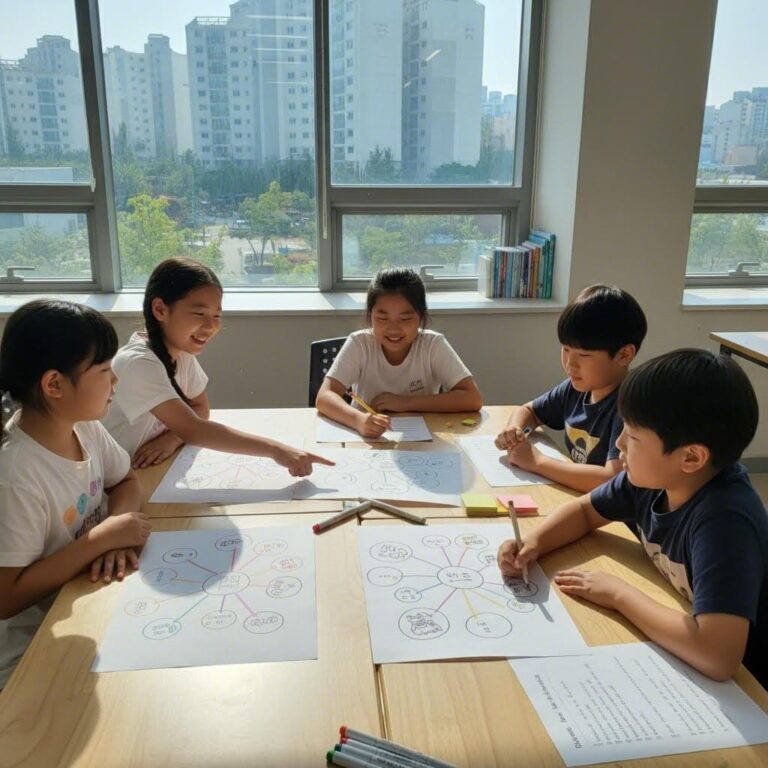 아이들이 마인드맵을 활용해 자기소개 글쓰기를 하고 있는 모습