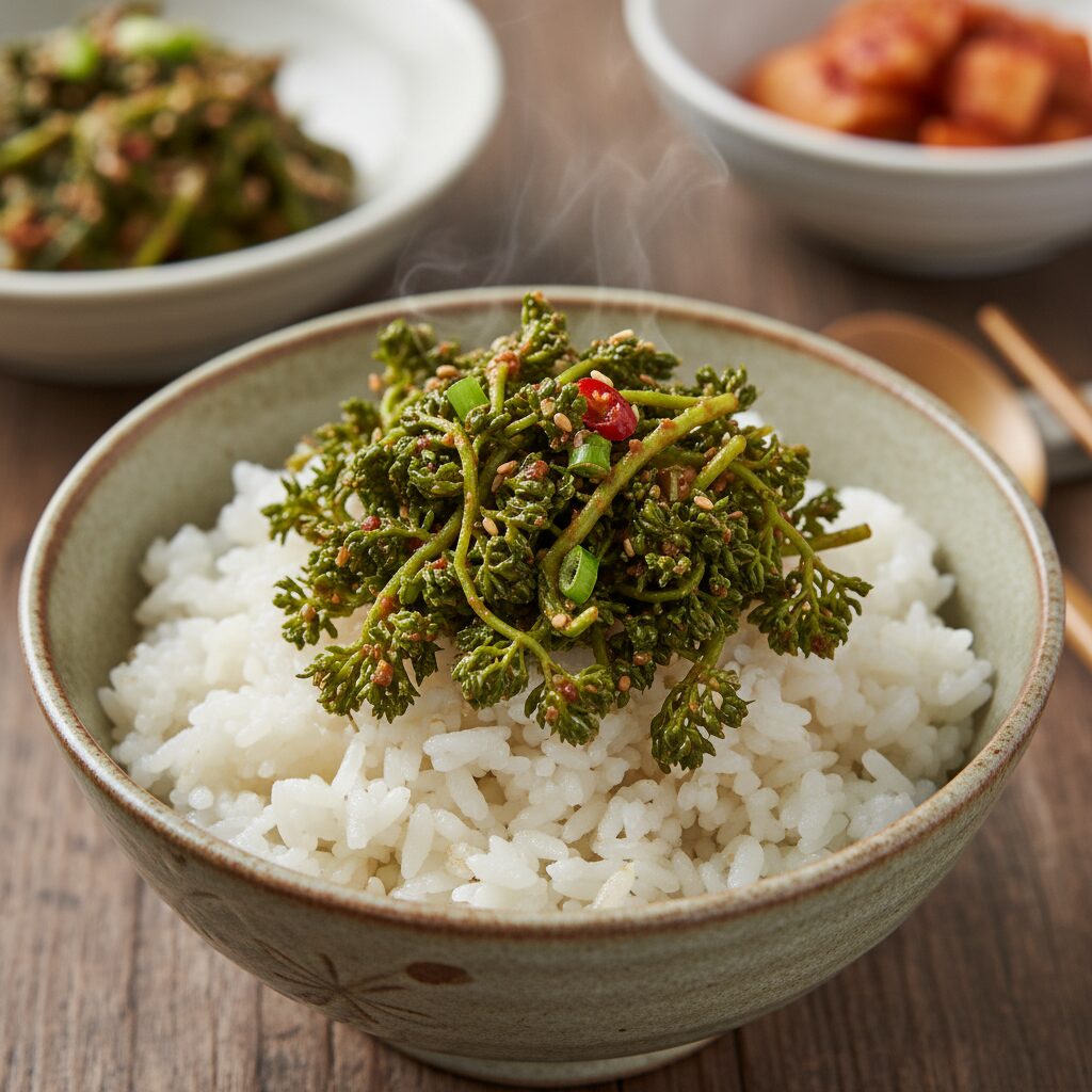 완성된 세발나물된장무침을 밥 위에 올려놓은 모습