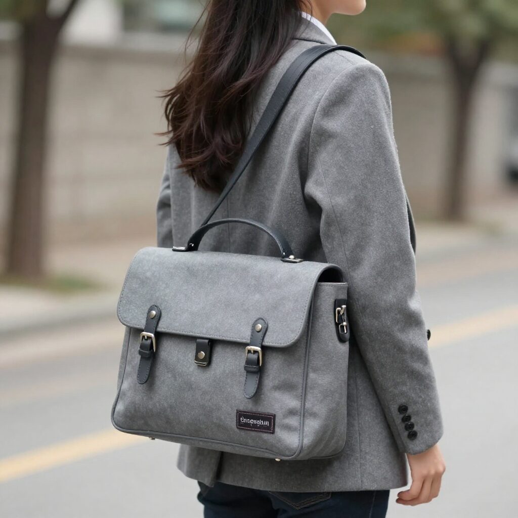 대학생이 들고 있는 그레이색 여성 숄더백 사진