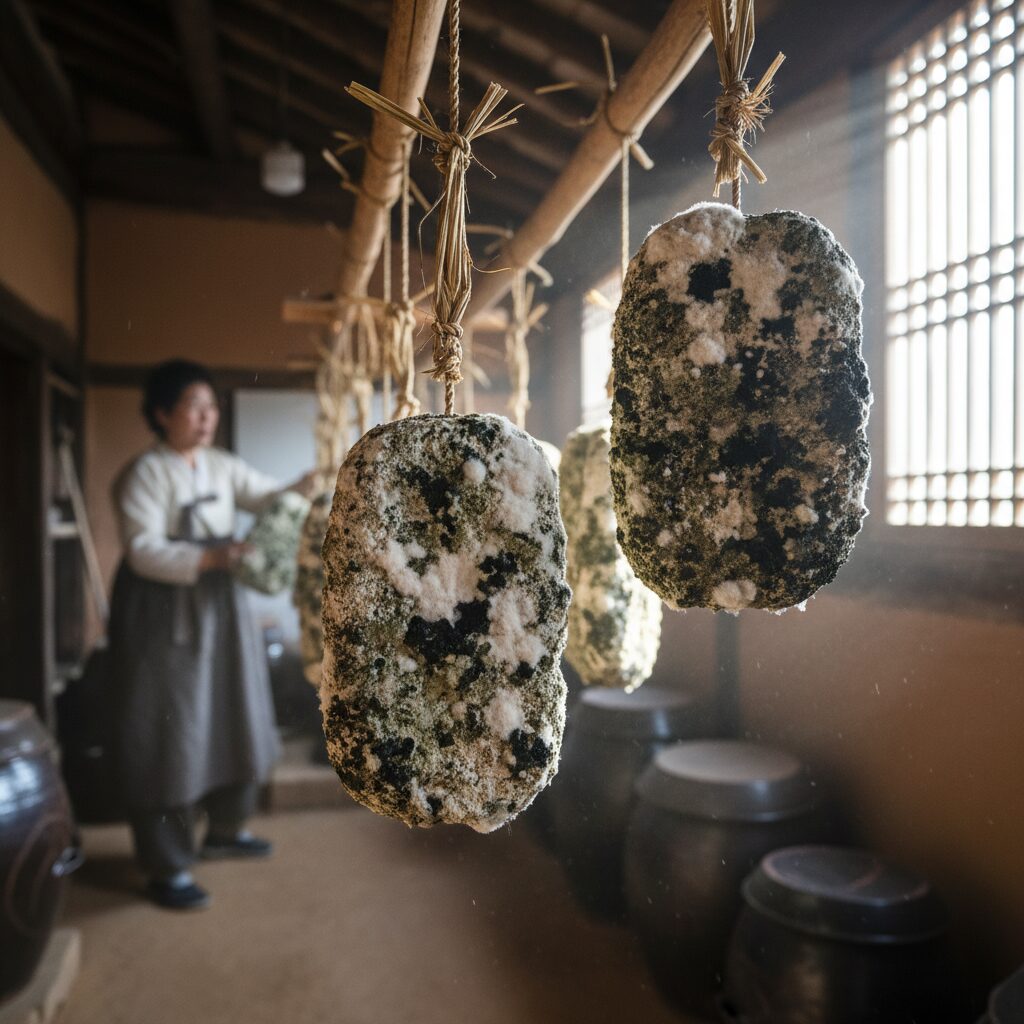 흰 곰팡이와 검은 곰팡이가 핀 전통 메주
