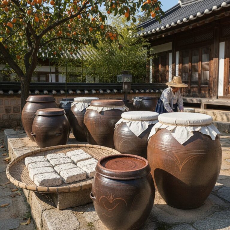 장독대에 담긴 메주와 된장 항아리