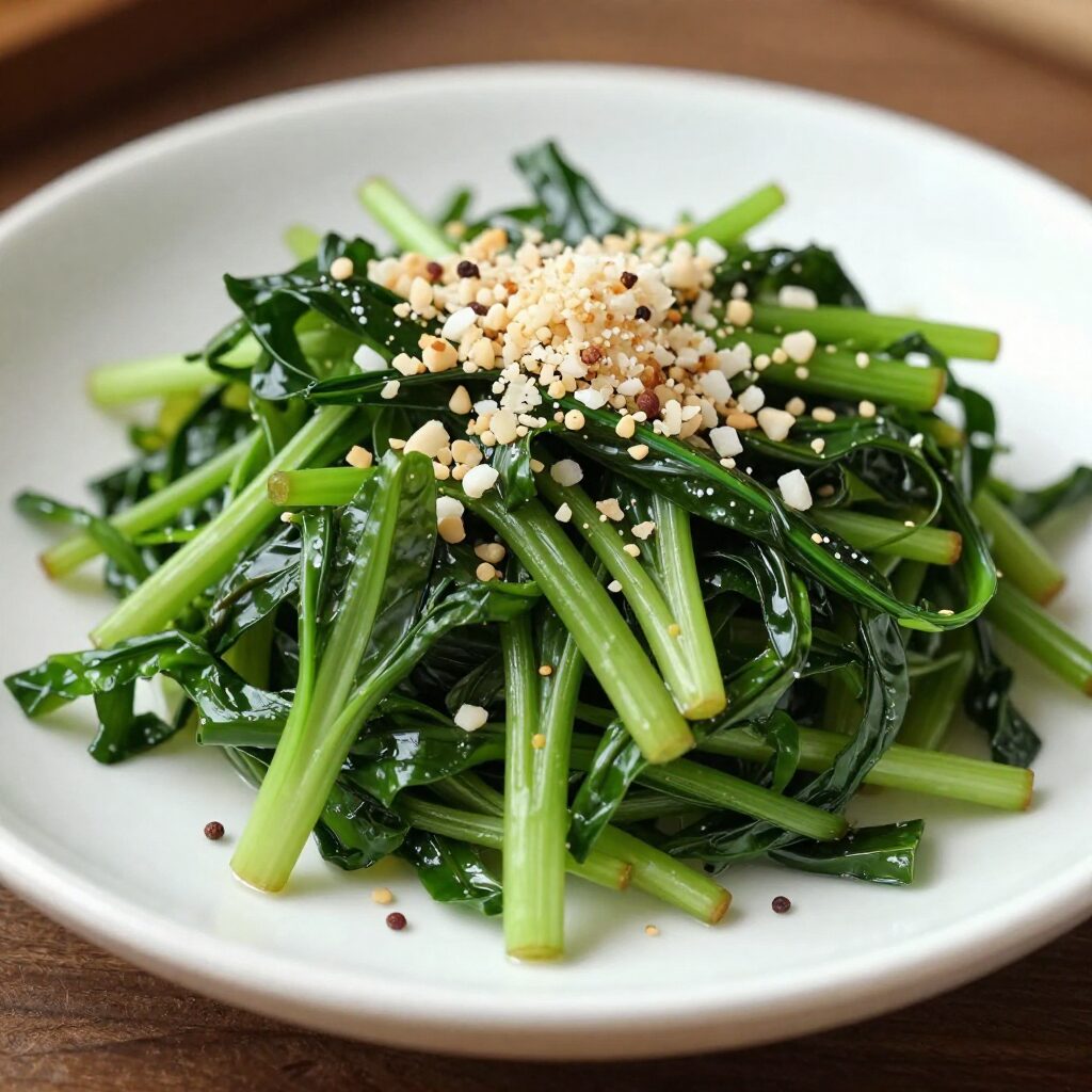 접시에 담긴 초록색 시금치나물 무침과 통깨