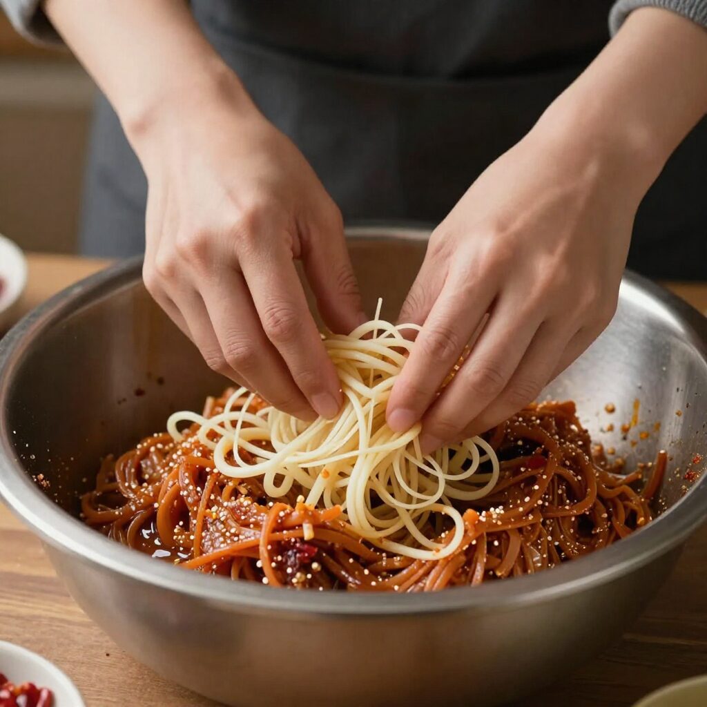 물기를 뺀 봄동과 양념 재료를 버무리는 과정