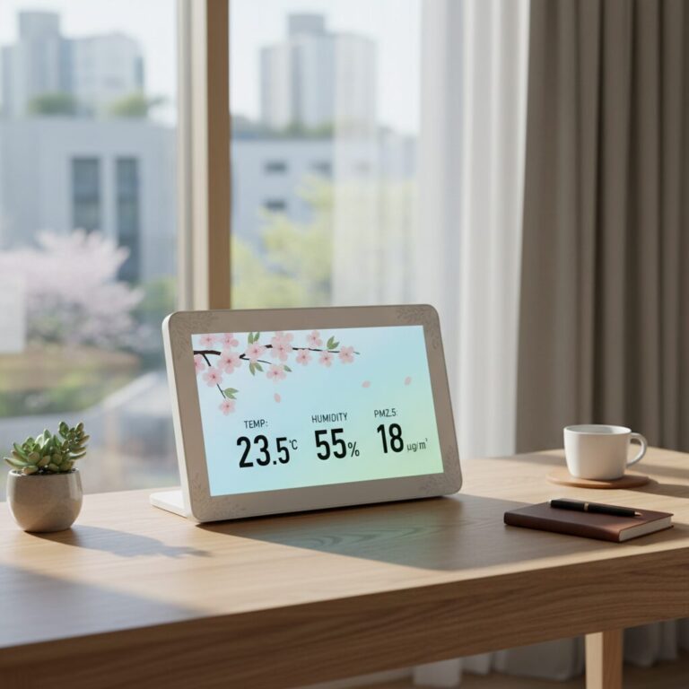 거실 책상 위에 놓인 세련된 디자인의 봄환경판, 화면에 온도 습도 미세먼지 수치가 표시되어 있다