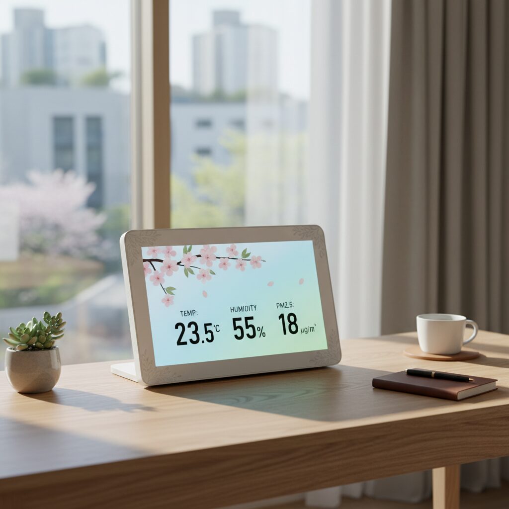 거실 책상 위에 놓인 세련된 디자인의 봄환경판, 화면에 온도 습도 미세먼지 수치가 표시되어 있다
