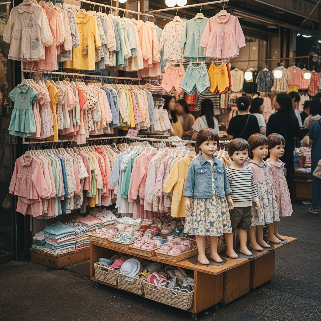 남대문시장 아동복 매장에서 화사한 봄옷들 진열된 모습