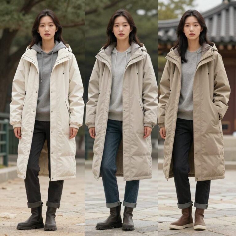 여성 경량패딩과 바람막이를 활용한 다양한 봄 스타일링 예시