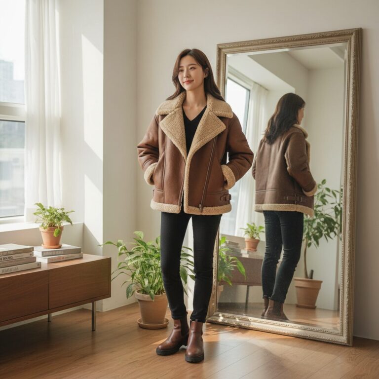 리버시블 디자인의 갈색 무스탕을 입은 여자가 거울 앞에서 포즈를 취하고 있는 모습