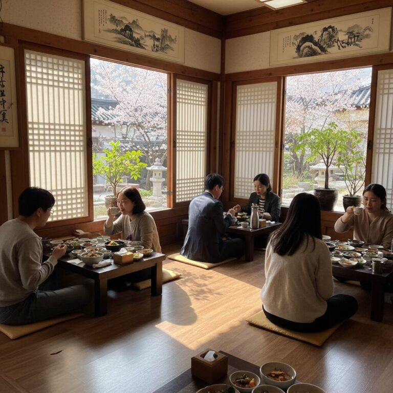 봄 햇살이 들어오는 한옥 레스토랑 내부 인테리어