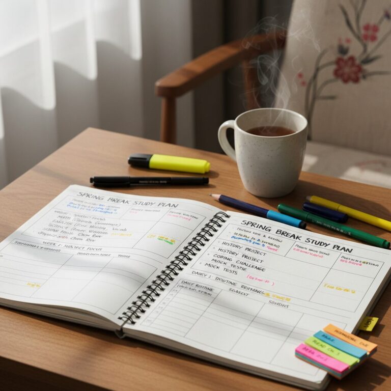 봄방학 효율적인 공부 계획표가 적힌 노트와 필기구