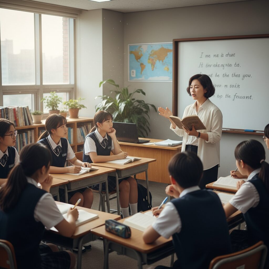 교실에서 학생들이 시 수업을 듣고 있는 모습