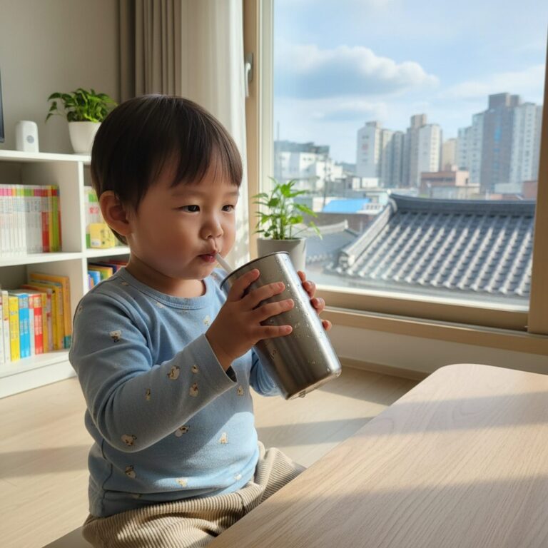 아이가 스텐 빨대컵으로 물을 마시는 모습
