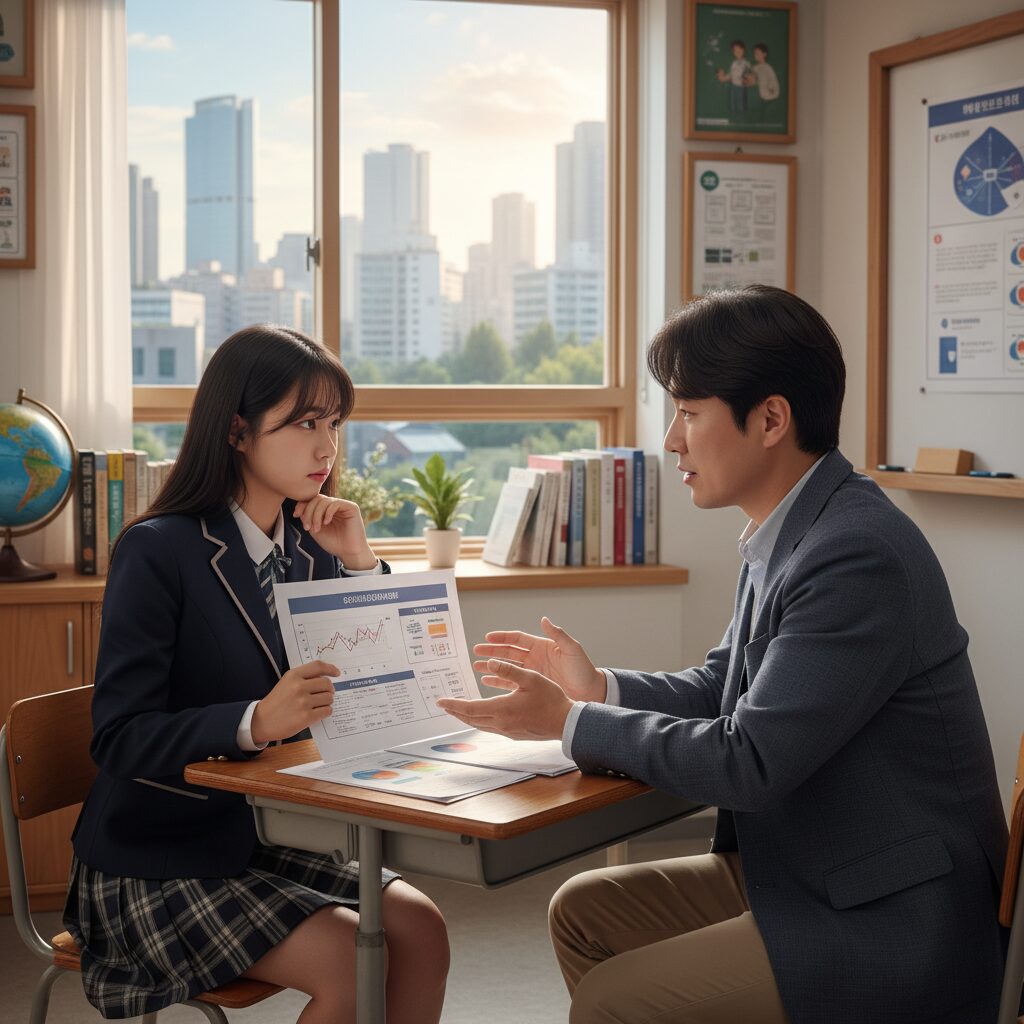 학생이 학습 성향 진단 결과지를 보고 선생님과 상담하는 모습