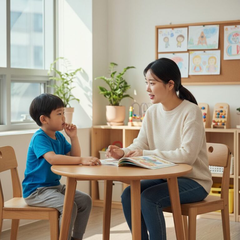 선생님과 아이가 마주앉아 상담하고 있는 모습