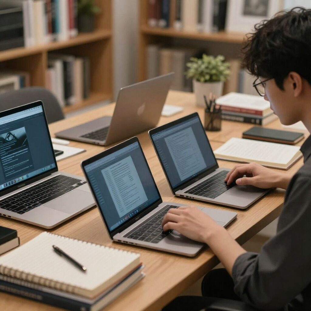 책상 위에 놓인 다양한 노트북 모델들을 비교하며 보여주는 사진