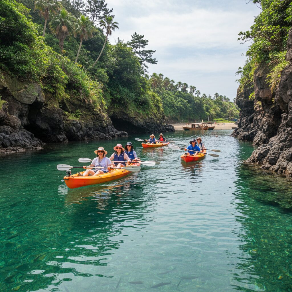 제주도 쇠소깍에서 카약을 타는 모습