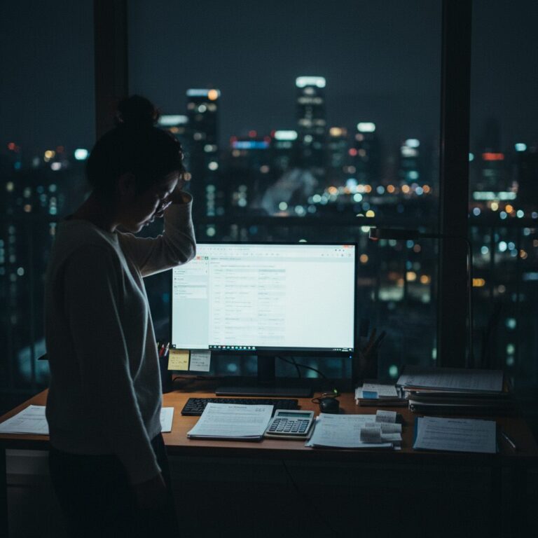 연말정산 계산기와 문서 옆에 당황하는 여성의 실루엣