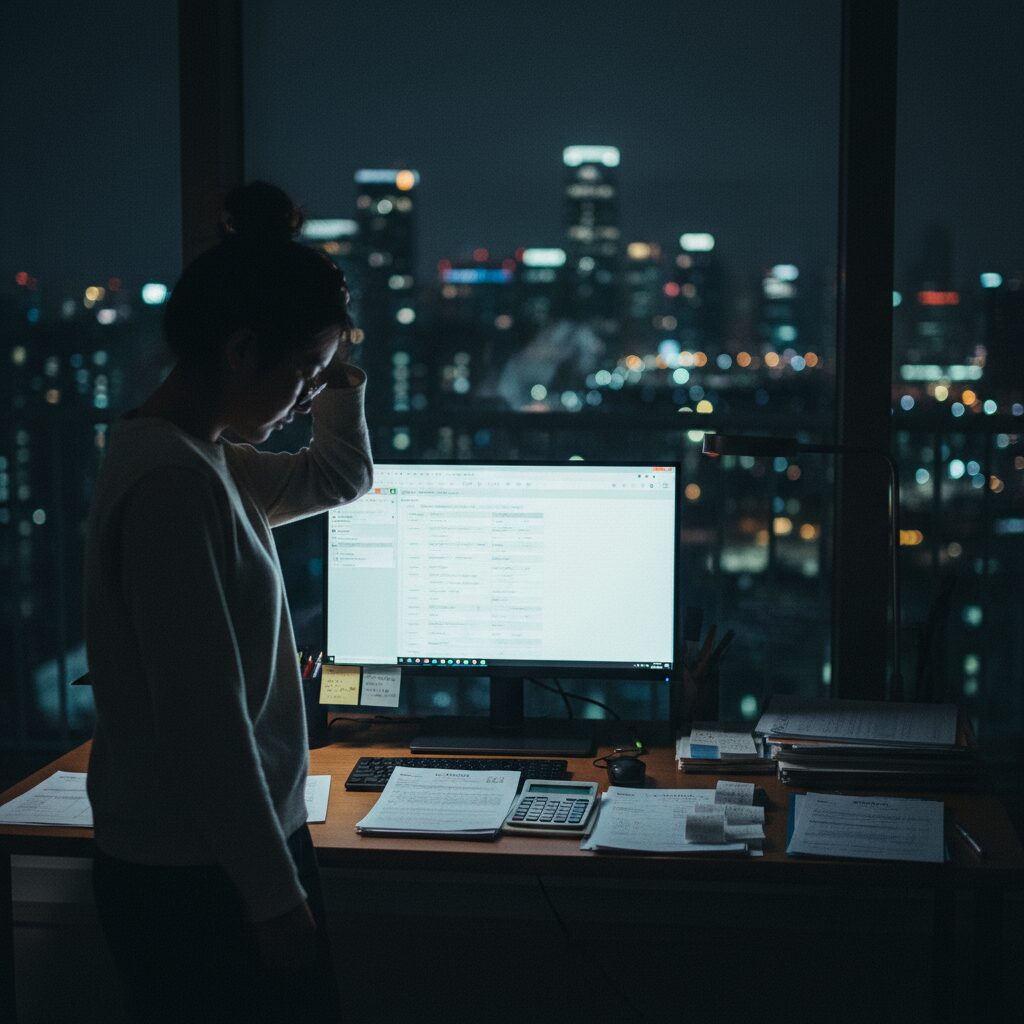 연말정산 계산기와 문서 옆에 당황하는 여성의 실루엣