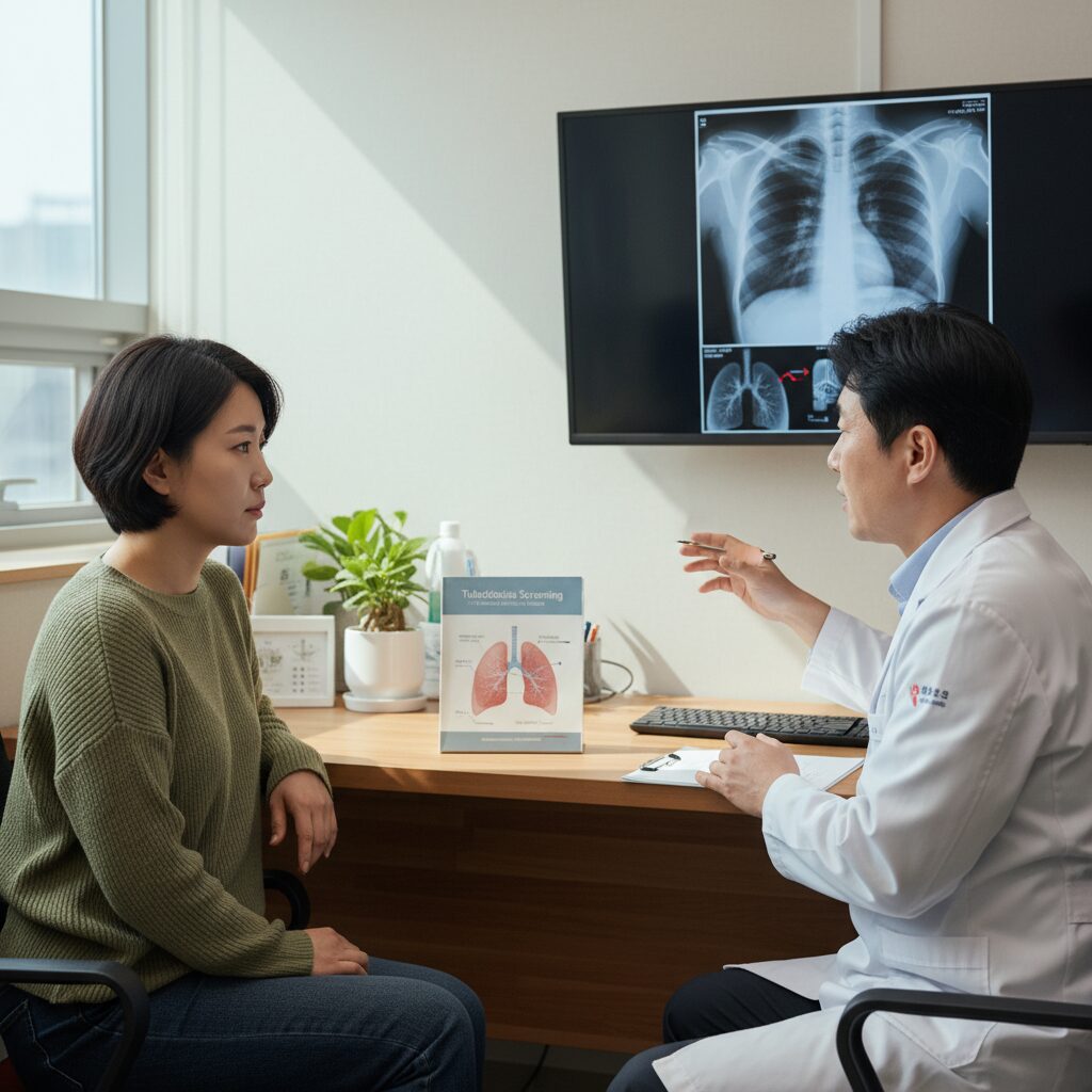 의사와 상담하며 폐결핵 검사에 대해 설명받는 환자