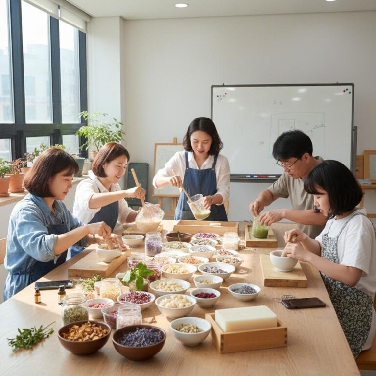 교사들이 천연 재료를 섞어 친환경 비누를 만드는 모습