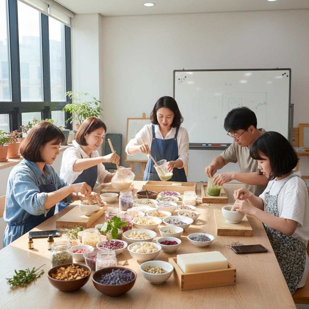 교사들이 천연 재료를 섞어 친환경 비누를 만드는 모습