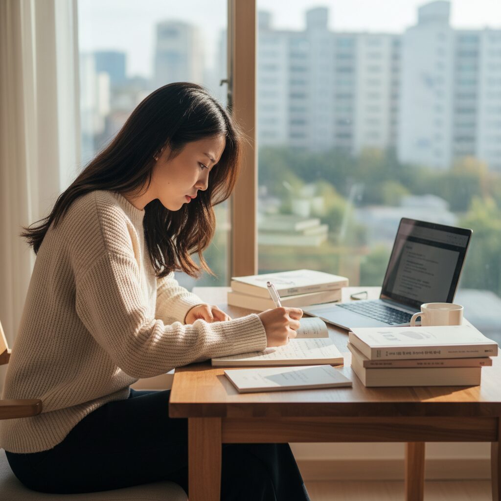 기간제 교사 면접을 준비하며 책상 앞에서 노트를 보고 있는 여성