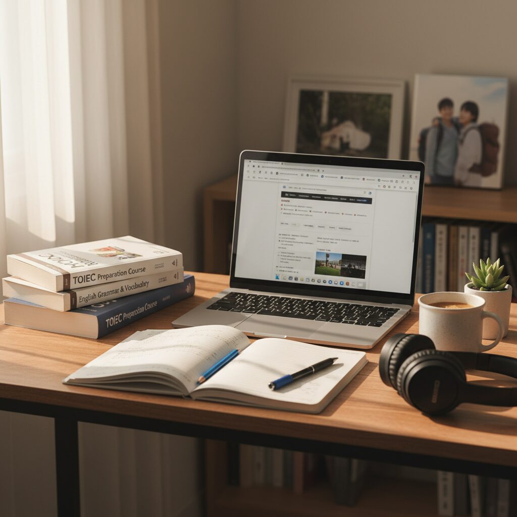 토익 교재와 노트북이 놓여진 책상 위 공부 환경